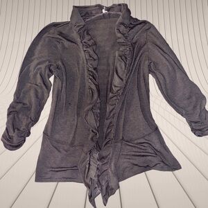 Chic Size XL Grey Open Front Ruffled Waterfall Cardigan Sweater with Pockets